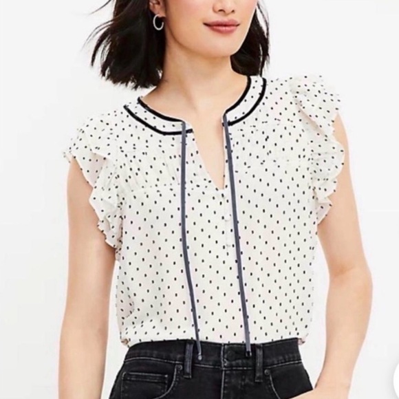 LOFT Tops - LOFT Ivory, Polka Dot Ruffle Sleeve Blouse, velvet tie neck Small